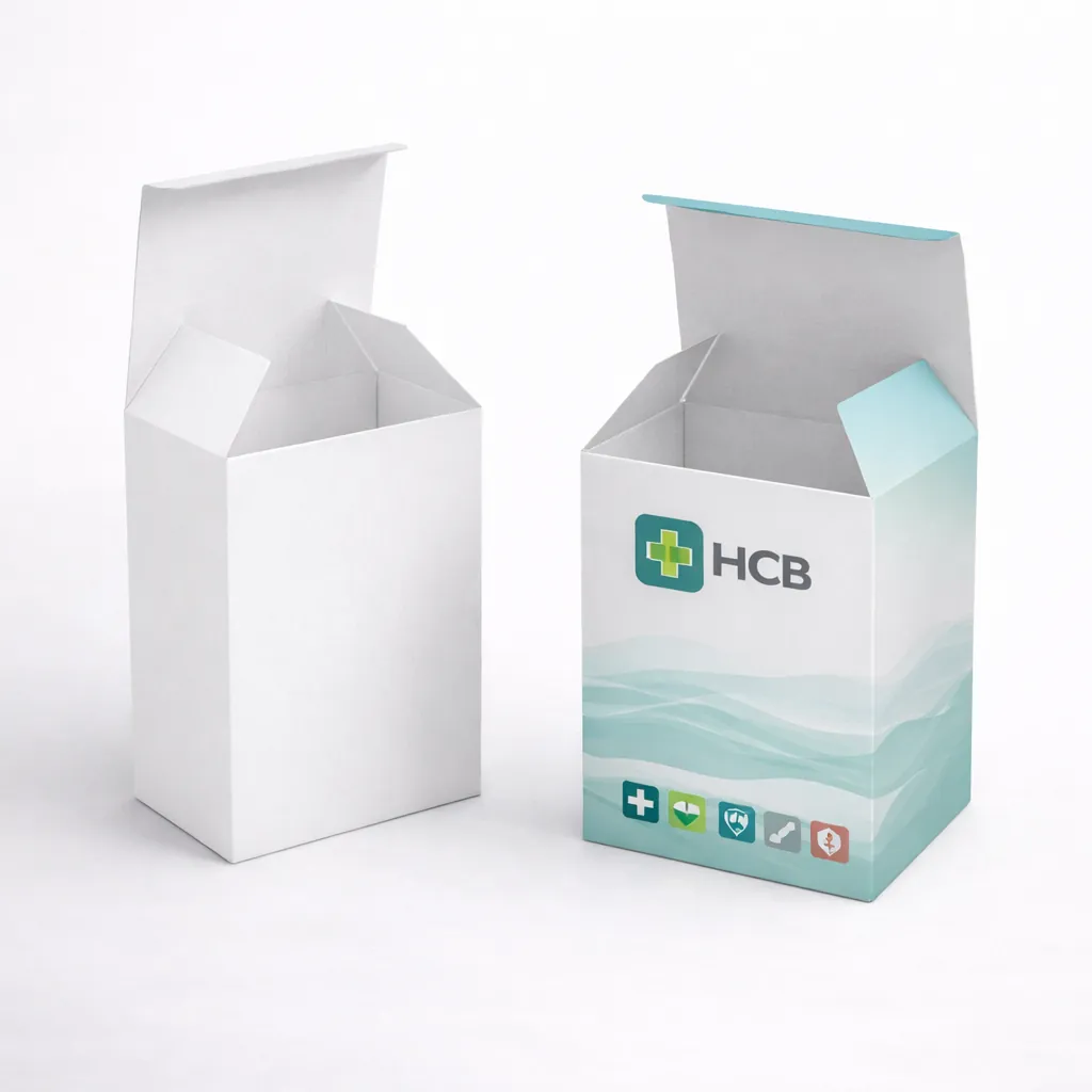 Two vertical medicinal boxes, one plain white and one with teal waves and HCB branding.